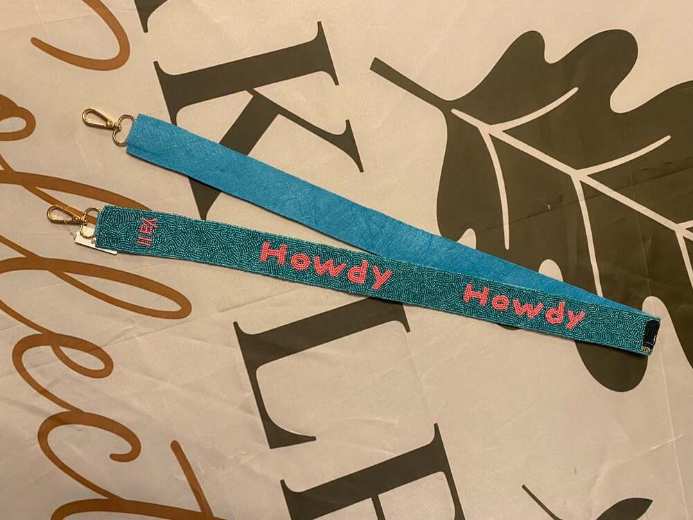 Turquoise Beaded Purse Strap with 'Howdy' and 'Y'all' Text and Cowboy Boot Detai